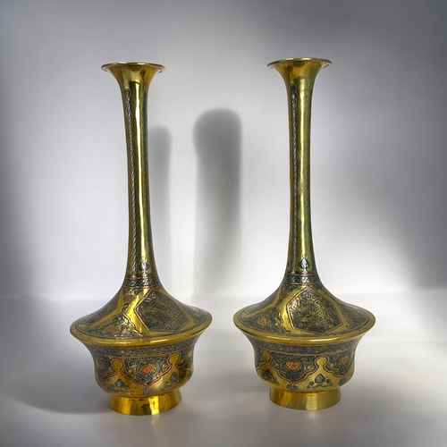 150 - A fine pair of Islamic Cairoware mixed metal vases.19th century.Height -