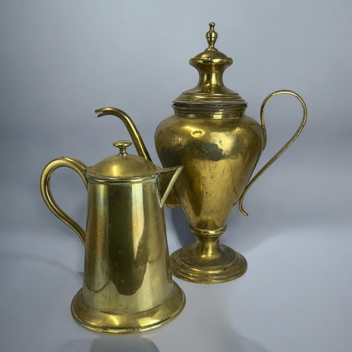 152 - A large 19th century brass coffee / tea pot. Together with brass water jug. Tallest - 37cm