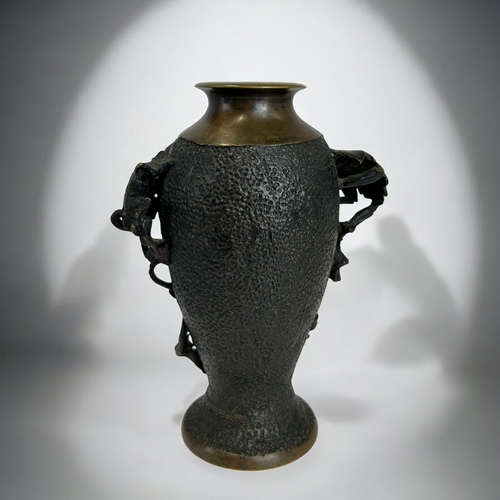 166 - A Japanese Bronze vase.Meiji period, CA 1900.High relief decorated 'Grape & Vine'.Marked to base... 