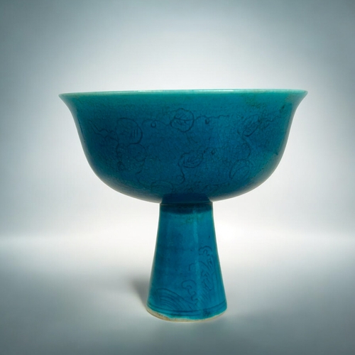 168 - A Chinese porcelain monochrome Turquoise stem cup.In the Ming style, Zhengde reign marks.Finely deco... 