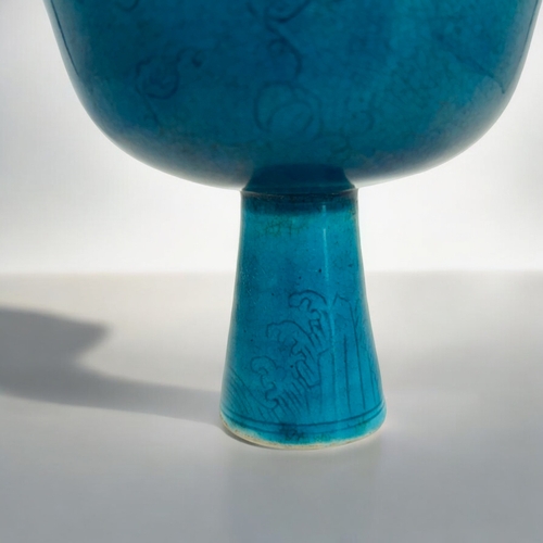 168 - A Chinese porcelain monochrome Turquoise stem cup.In the Ming style, Zhengde reign marks.Finely deco... 