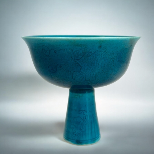 168 - A Chinese porcelain monochrome Turquoise stem cup.In the Ming style, Zhengde reign marks.Finely deco... 