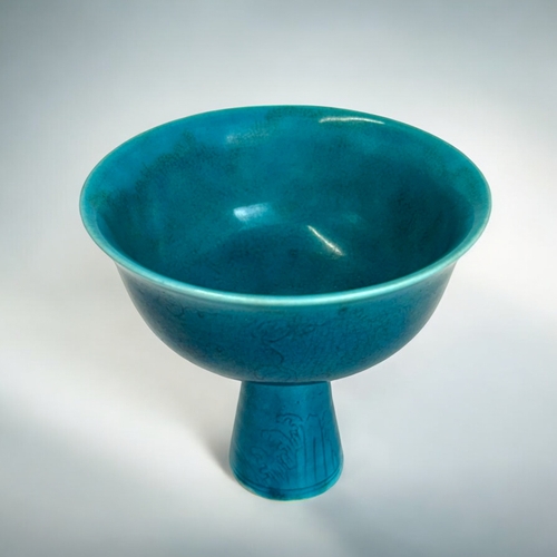 168 - A Chinese porcelain monochrome Turquoise stem cup.In the Ming style, Zhengde reign marks.Finely deco... 