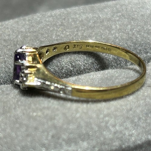 356 - A 9ct gold amethyst and white stone ring, approx UK size O, 2g