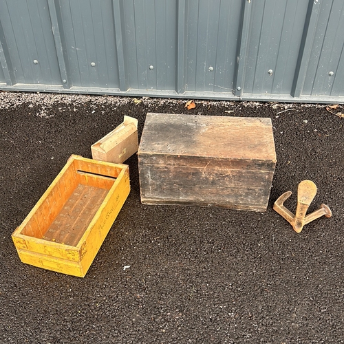 368 - A vintage wooden Trunk and a Vintage wooden crate and a rustic Cast Iron Cobblers Last. Crates in va... 