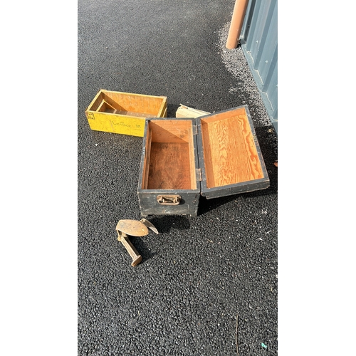 368 - A vintage wooden Trunk and a Vintage wooden crate and a rustic Cast Iron Cobblers Last. Crates in va... 