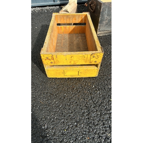 368 - A vintage wooden Trunk and a Vintage wooden crate and a rustic Cast Iron Cobblers Last. Crates in va... 