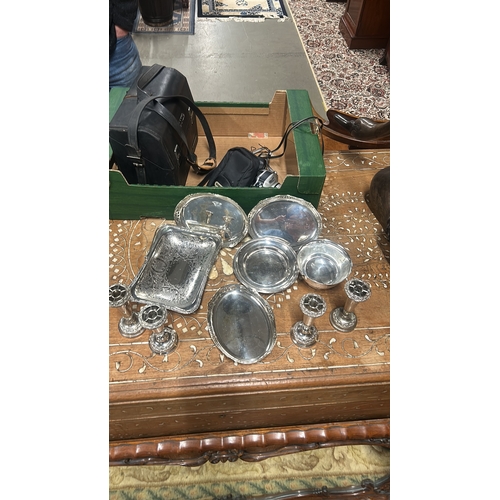 372 - Silver Plate lot comprising trays and bud vases. Includes ornate detailing and polished finish. Appr... 