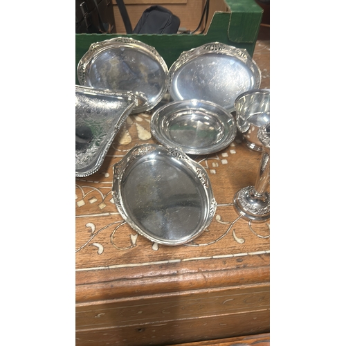 372 - Silver Plate lot comprising trays and bud vases. Includes ornate detailing and polished finish. Appr... 