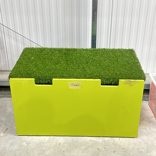 387 - Bright green storage box with artificial grass lid. Approximately 30 inches tall, 40 inches wide, an... 