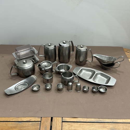 402 - Mid-Century Modern stainless steel tea and coffee set by Old Hall. Includes teapots, sugar bowl, mil... 