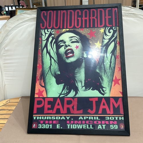 405 - Framed concert poster featuring Soundgarden and Pearl Jam, advertising a show at The Unicorn. Vibran... 