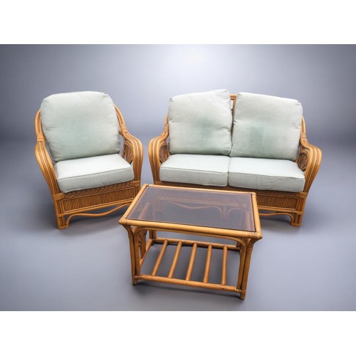 420 - 1970's Bamboo Settee Coffee Table and Chair conservatory Furniture with cushions.