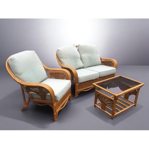 420 - 1970's Bamboo Settee Coffee Table and Chair conservatory Furniture with cushions.