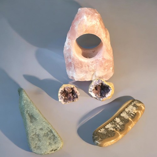 57 - Quartz Tealight holder, 2 Amethyst Geodes, Stone Axe Head and a Stone Polished Sample.