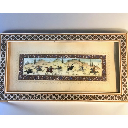 59 - Vintage Mogul Style Inlaid Framed Picture of Polo players on Bone. An Inlaid Middle Eastern wooden b... 