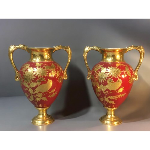 169 - Large pair of Antique Staffordshire Vermillion Ground Gilded Vases Approx 43cm high.AF chip to base ... 