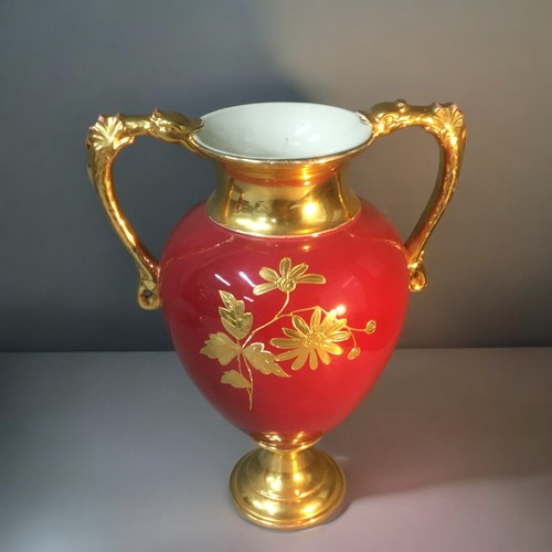 169 - Large pair of Antique Staffordshire Vermillion Ground Gilded Vases Approx 43cm high.AF chip to base ... 