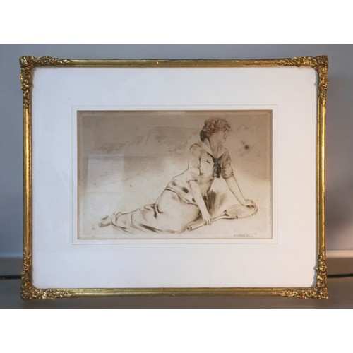 308 - Antique Signed and Ltd Edition Lithograph of an Early 20th Century Lady Reclining in Tennis Outfit. ... 