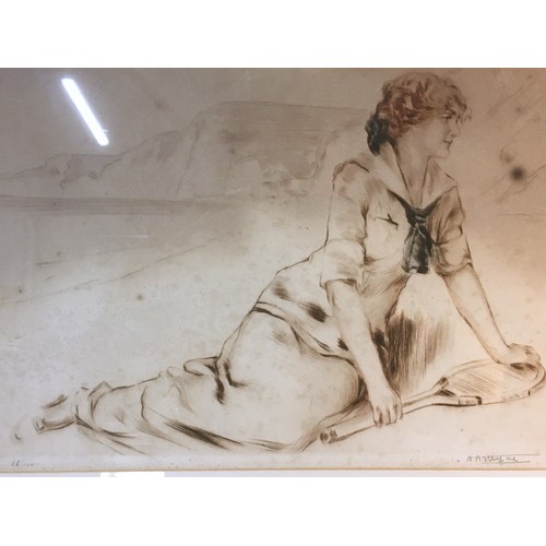 308 - Antique Signed and Ltd Edition Lithograph of an Early 20th Century Lady Reclining in Tennis Outfit. ... 