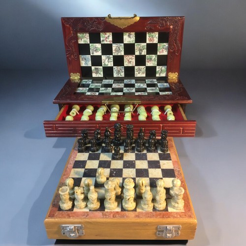 77 - Vintage Carved Stone and Marble topped Travel Chess Set and a Later Chinese Set with Resin Pieces Bo... 