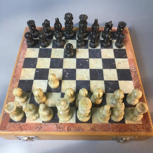 77 - Vintage Carved Stone and Marble topped Travel Chess Set and a Later Chinese Set with Resin Pieces Bo... 