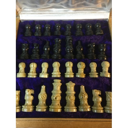 77 - Vintage Carved Stone and Marble topped Travel Chess Set and a Later Chinese Set with Resin Pieces Bo... 