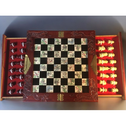 77 - Vintage Carved Stone and Marble topped Travel Chess Set and a Later Chinese Set with Resin Pieces Bo... 