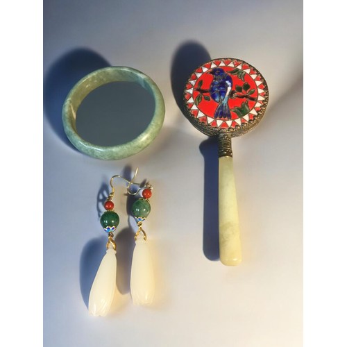 182 - Chinese Jade Items - Jade Drop Carved and Enamel with Yellow Metal Earings, Jade Handled and Enamel ... 