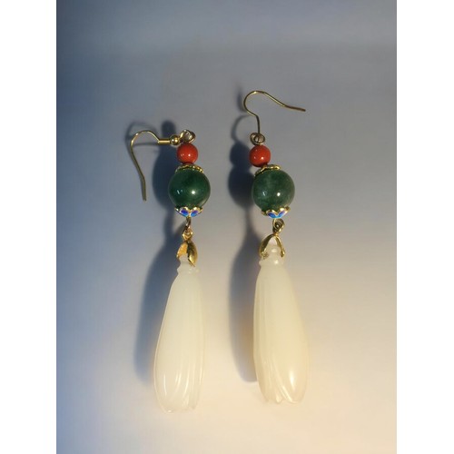 182 - Chinese Jade Items - Jade Drop Carved and Enamel with Yellow Metal Earings, Jade Handled and Enamel ... 