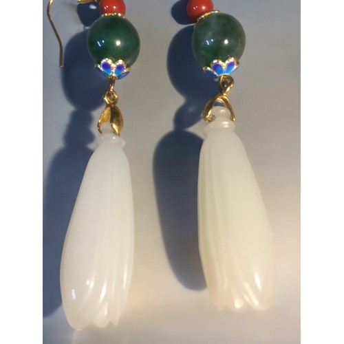 182 - Chinese Jade Items - Jade Drop Carved and Enamel with Yellow Metal Earings, Jade Handled and Enamel ... 