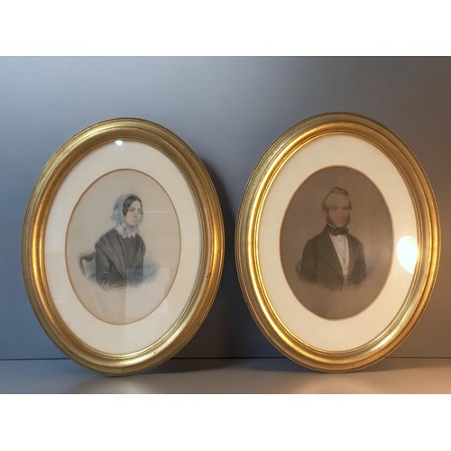 309 - Pair of Early Victorian 1850 Pastel His and Her Portraits in Gilt Oval Frames. Both by the same hand... 