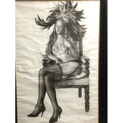 334 - Very Large Original Artwork, Graphite and Charcoal Lady in Burlesque Attire. Attributed to Phoebe Di... 