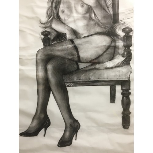 334 - Very Large Original Artwork, Graphite and Charcoal Lady in Burlesque Attire. Attributed to Phoebe Di... 