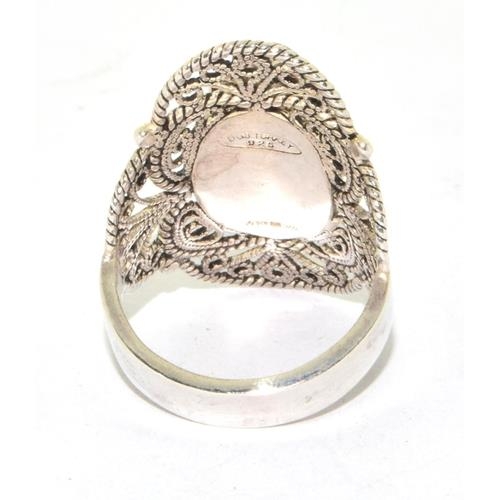 241 - A large amber 925 silver filigree ring Size P