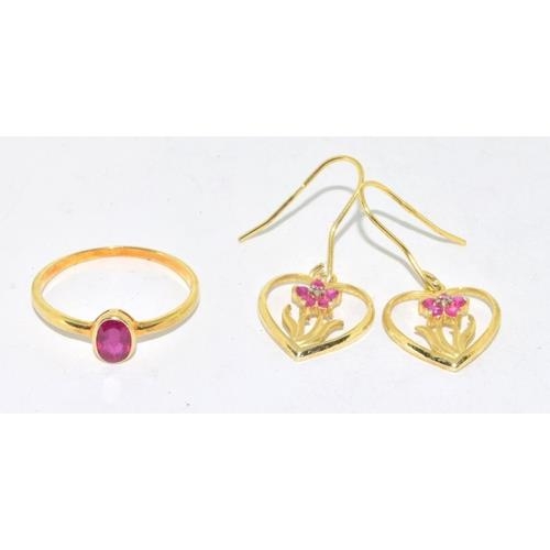 242 - 18ct gold/925 silver ruby diamond earrings and a ruby ring size S