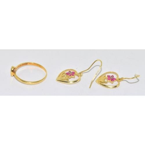 242 - 18ct gold/925 silver ruby diamond earrings and a ruby ring size S