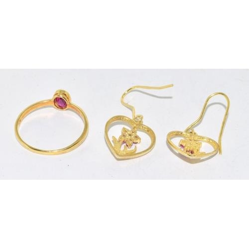 242 - 18ct gold/925 silver ruby diamond earrings and a ruby ring size S