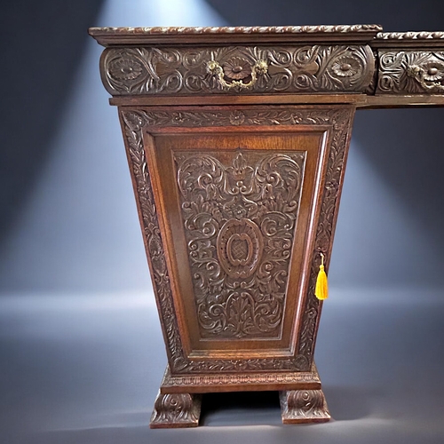 403 - Victorian Druce & Co Oak buffet sideboard.Twin pedestal design, heavily carved scrolling design.... 