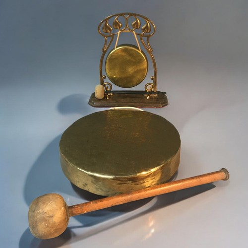 16 - Art Nouveau Table Gong on stand with Beater, and a Larger Hand Held Circa 1900 Gong with Beater 30cm... 