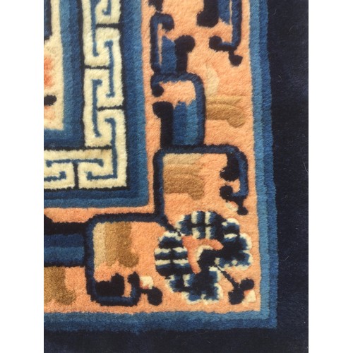 368 - Vintage Chinese Thick Pile Rug Having Royal Blue and Peach Border Over a Cream Ground Decorated with... 