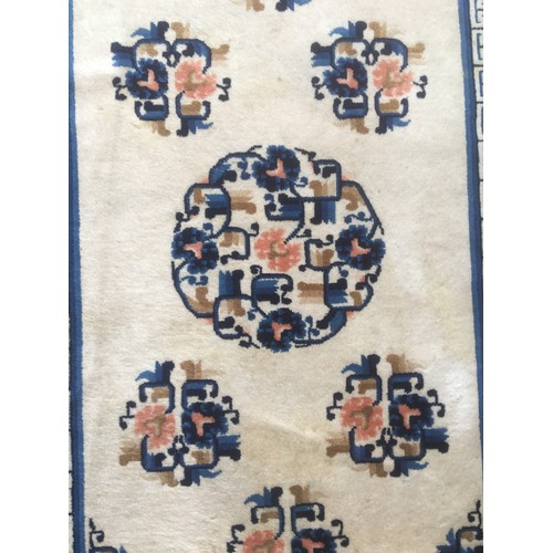 368 - Vintage Chinese Thick Pile Rug Having Royal Blue and Peach Border Over a Cream Ground Decorated with... 