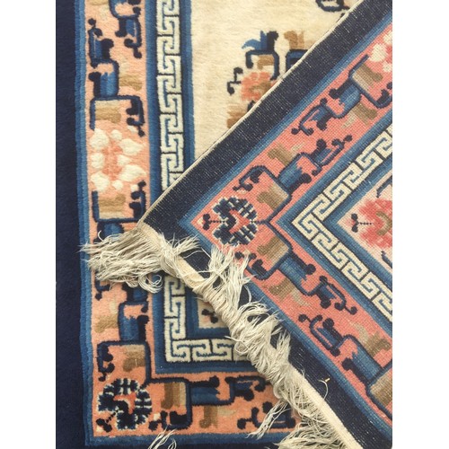 368 - Vintage Chinese Thick Pile Rug Having Royal Blue and Peach Border Over a Cream Ground Decorated with... 