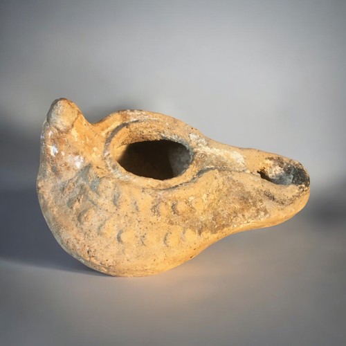 89 - Roman-Byzantine-Holy land Clay oil lamp. Charred nozzle from use.L 8cm x Dia 6.5cm