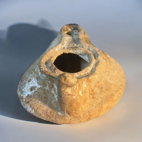 89 - Roman-Byzantine-Holy land Clay oil lamp. Charred nozzle from use.L 8cm x Dia 6.5cm