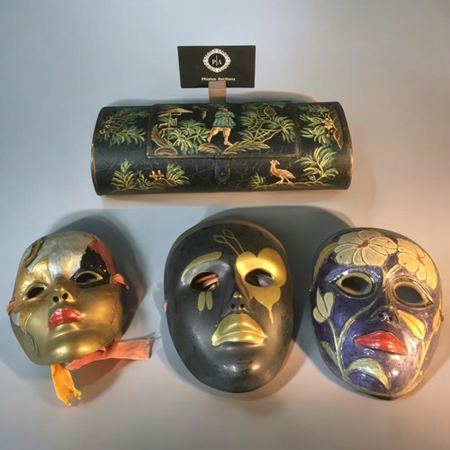 43 - 3 x Brass Enamel and Gilted 20th Century Decorative Masks and a Toleware Style 20th Century Oval Bra... 