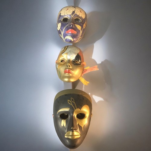 43 - 3 x Brass Enamel and Gilted 20th Century Decorative Masks and a Toleware Style 20th Century Oval Bra... 