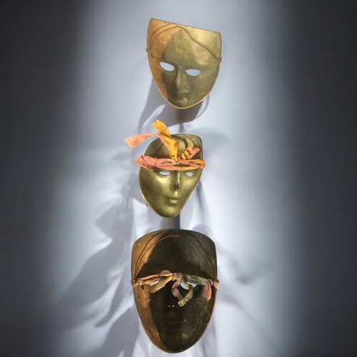 43 - 3 x Brass Enamel and Gilted 20th Century Decorative Masks and a Toleware Style 20th Century Oval Bra... 