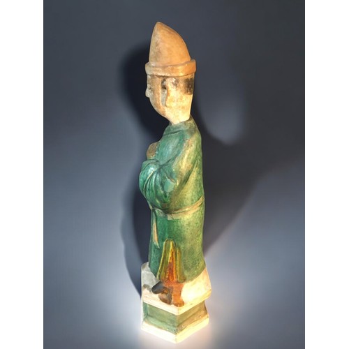 155 - Large Terracotta Ming Style Tomb Attendant in Sangcai Glaze.H 39cm