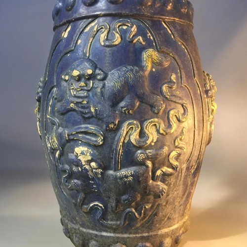 161 - A Chinese Qing Dynasty Barrel Shaped Earthenware Blue Glazed Garden Seat, Having Foo Dog Decoration ... 